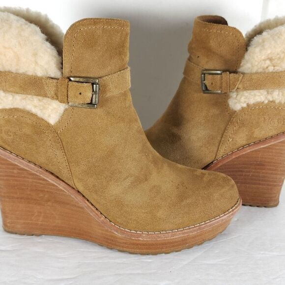 UGG Women's Anais US9 Chestnut Suede Sheepskin Wedge Shearling Boots Booties - Picture 7 of 14